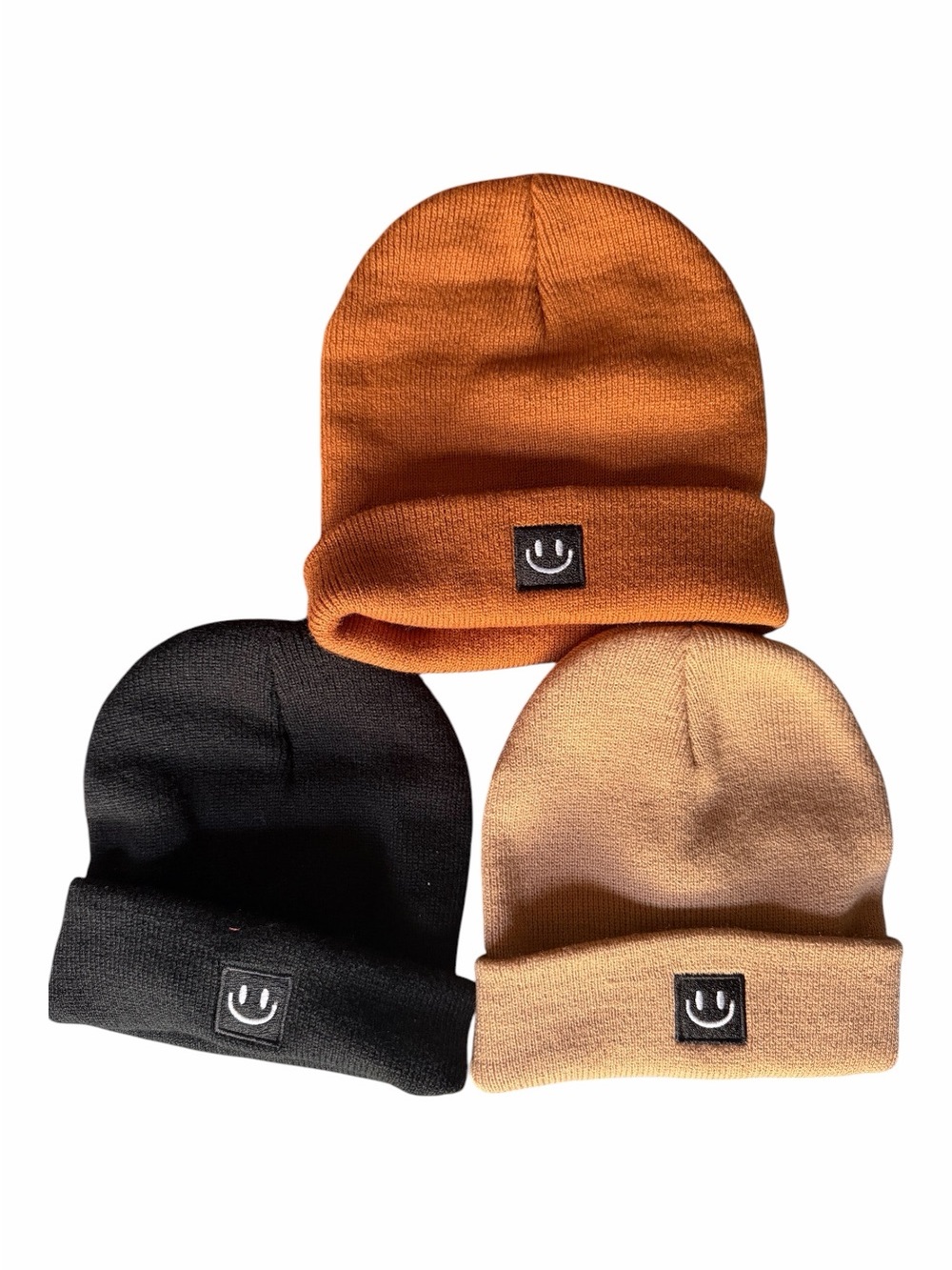 Kids Smiley Patch Knit Beanie - Black, Rust, and Tan